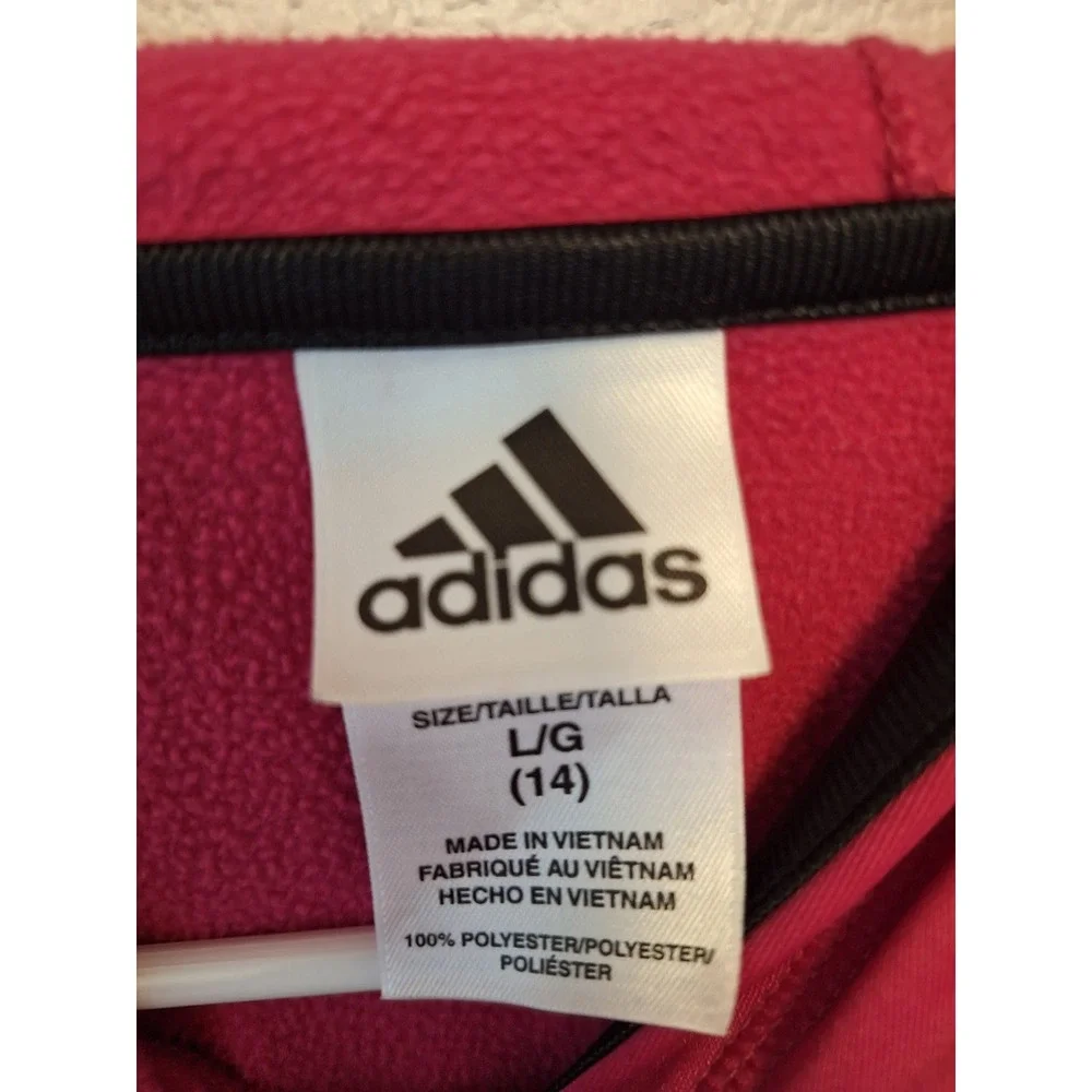 Adidas Girls Pink Silver Metallic Logo Fleece Pullover Hoodie Size Large 14